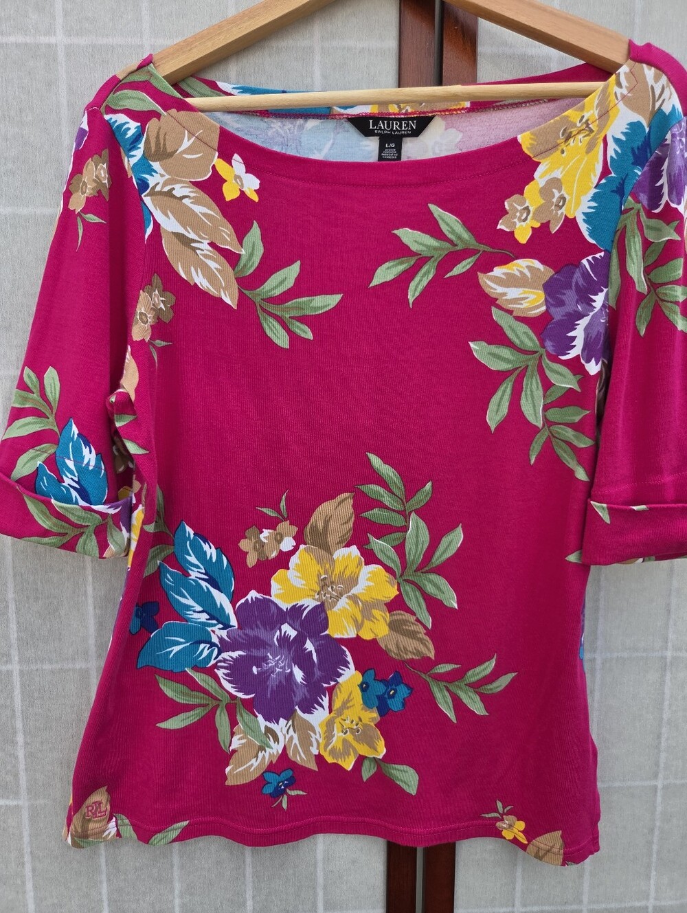 Lauren Ralph Lauren Tropical Floral Boat Neck Top Magenta Cottagecore Preppy L